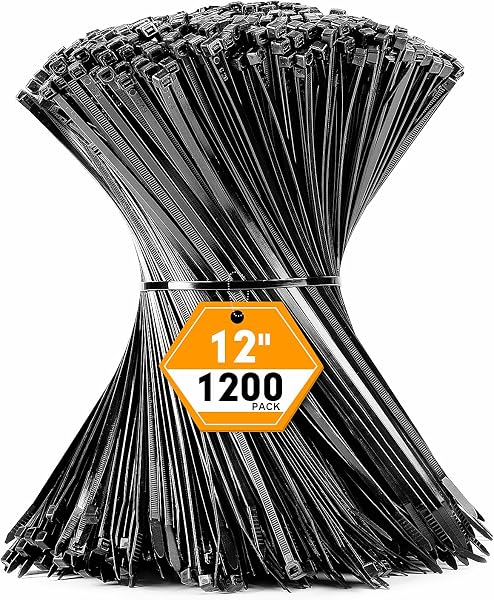 RAZCC 1200pcs Black Cable Zip Ties 12 Inch, Heavy Duty Plastic Nylon Tie…