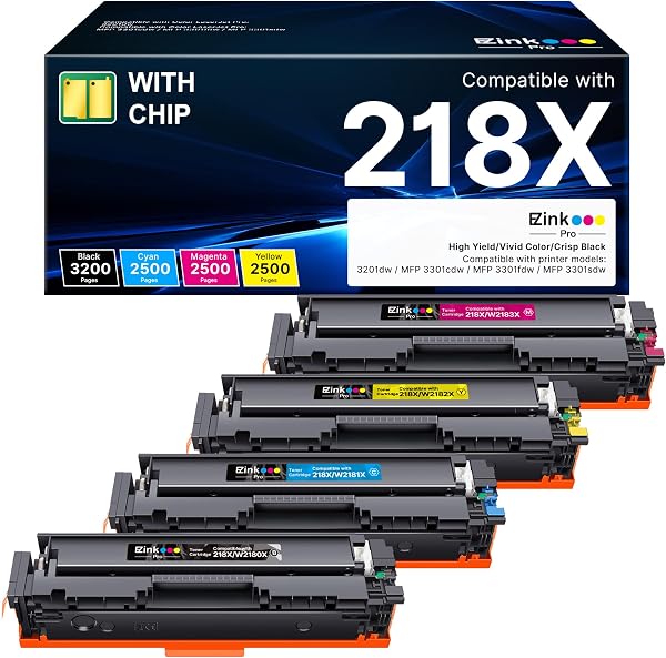 Compatible HP 218X Toner Cartridges 4 Pack with Chip for HP Color LaserJet pro MFP 3301fdw 3301sdw Compatible for 218X 218 218A Toner for LaserJet pro MFP 3301fdw 3301sdw 3301cdw 3201dw W2180X