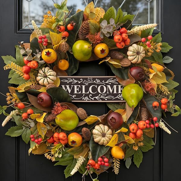 24 Inch Fall Wreaths for Front Door, Autumn Harvest Wreath with Pears