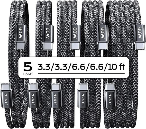 LISEN USB C to USB C Cable 60W for iPhone 18 Pro Duo Charging Cable, 5-Pack