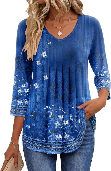 Ekouaer 3/4 Length Sleeve Womens Tops V Neck Blouses Pleated Casual Shirts