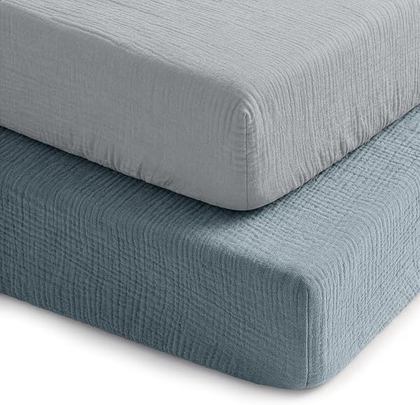 Comfy Cubs 100% Muslin Crib Fitted Sheet 2 Pack, Pacific Blue and Heather…