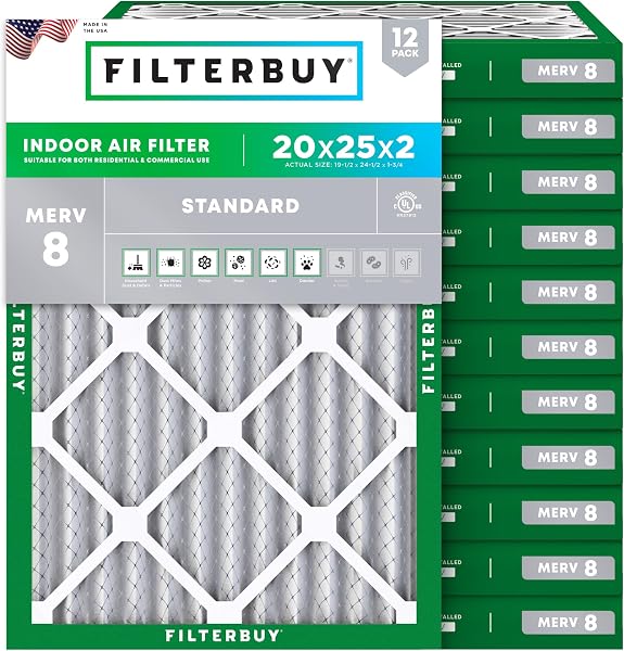 Filterbuy 20x25x2 Air Filter MERV 8 Dust & Allergy Defense (12-Pack)