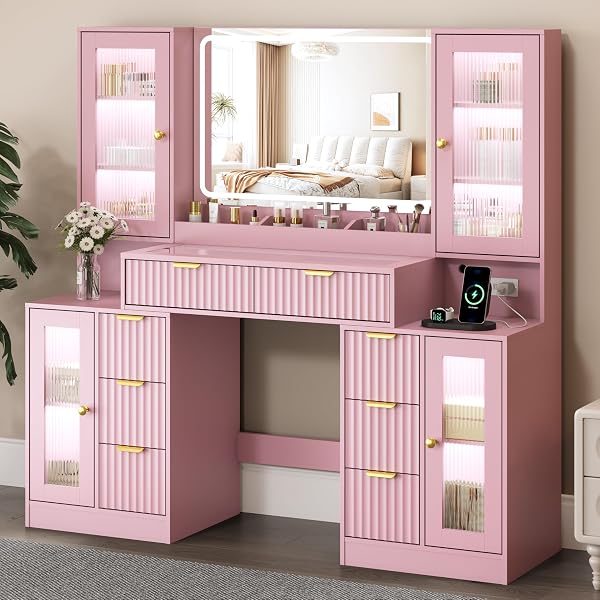 55" Vanity Desk with Mirror & Lights, Fluted Makeup Vanity with 8 Drawers & 4…