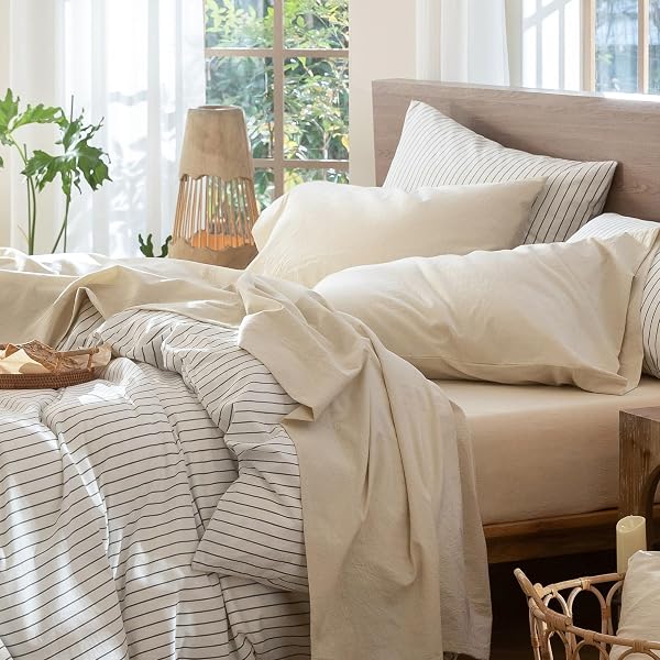MooMee Sheet Set 100% Washed Cotton Linen-Like Extra Deep Pocket Twin