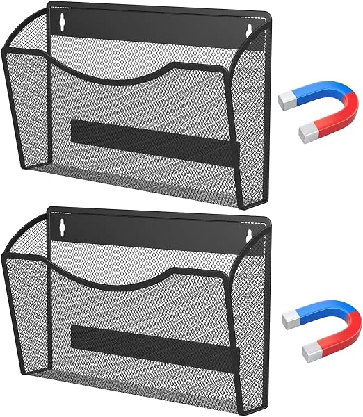 MINDEPOT Magnetic Wall File Organizer, Hanging File Holder, 2 Pack, Black