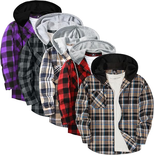 ZITY 5 Pack Men's Flannel Hoodie Shirts Button Down Long Sleeve Casual Stylish Plaid Hooded Shirt with Pocket