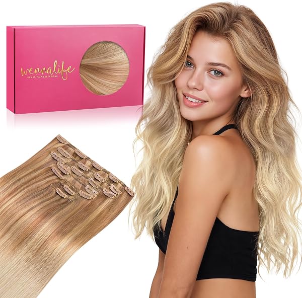 WENNALIFE Clip in Hair Extensions Real Human Hair, 14 Inch 120g 7pcs Ash…