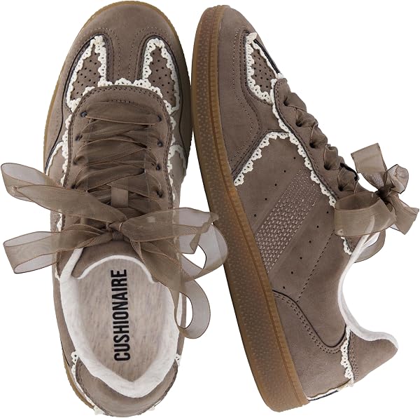 CUSHIONAIRE Belinda Women’s Lace Detail Casual Sneakers – Elegant Ribbon…