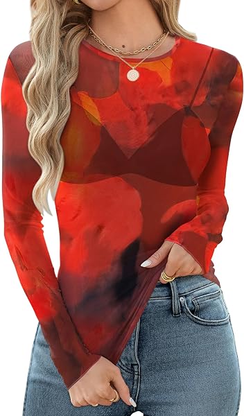 OFEEFAN Womens Mesh Tops Lace Long Sleeve Shirts Crewneck Slim Fitted Outfits See Through Blouses