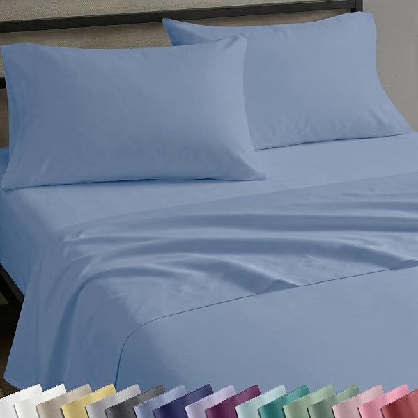 Soft Natural 100% Cotton Sateen Queen Bed Sheets, 4 PC Set, Blue Hydrangea