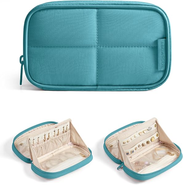 BAGSMART Travel Jewelry Case 180° Flat Open Puffer Dual-Compartment, Green