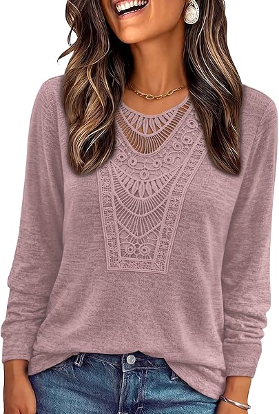OFEEFAN Long Sleeve Shirts for Women Boho Tops Trendy Blouses Dressy Casual