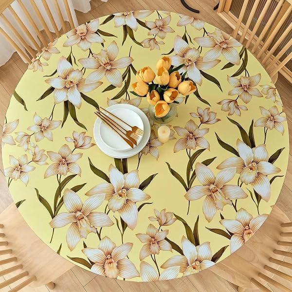 LIBERECOO Round Vinyl Fitted Tablecloth with Flannel Backing Elastic Edge…