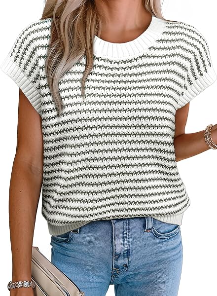 EVALESS Women's Striped Cap Sleeve Sweater Vest Round Neck Tank Top