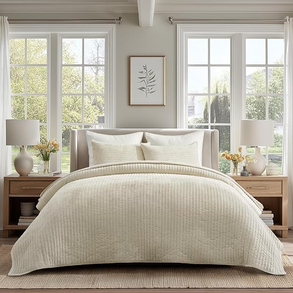 EverGrace Stripe Channel Luxury Velvet Quilt Set Queen Size, Beige