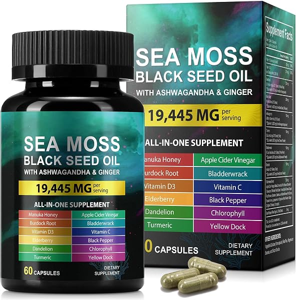 Sea Moss Black Seed Oil Ashwagandha Ginger, Sea Moss Capsule Supplement with…