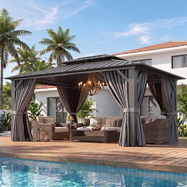 Aoxun Gazebo 16x12 Hardtop Gazebo with Double Galvanized Steel Roof, Gray