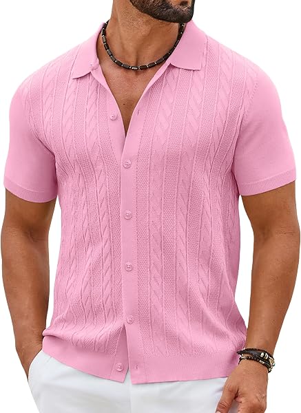 COOFANDY Mens Knit Button Down Shirts Short Sleeve Polo Shirt Casual Vintage Summer Beach Shirts