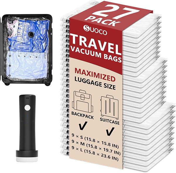 Travel Vacuum Bags for Clothing with Cordless Pump 27 Combo, Clear
