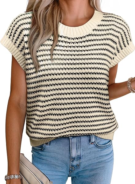EVALESS Women's Striped Cap Sleeve Sweater Vest Round Neck Tank Top