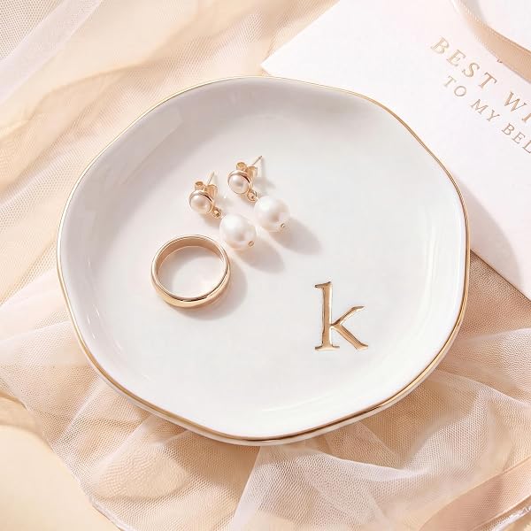Ceramic Jewelry Tray, White Initial K Personalized Jewelry Dish
