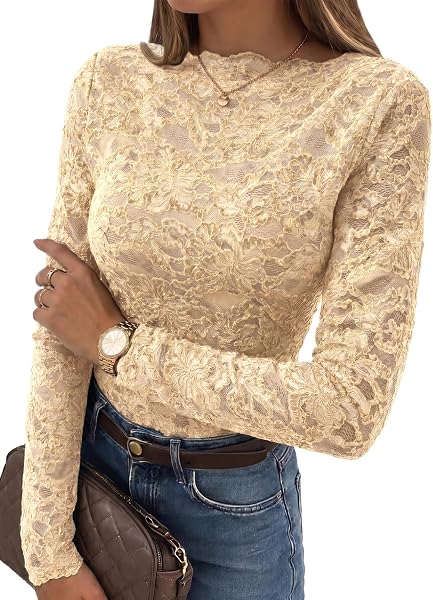 Dokotoo Lace Long Sleeve Tops for Women Sheer Mesh Fall Y2K Blouse 2026