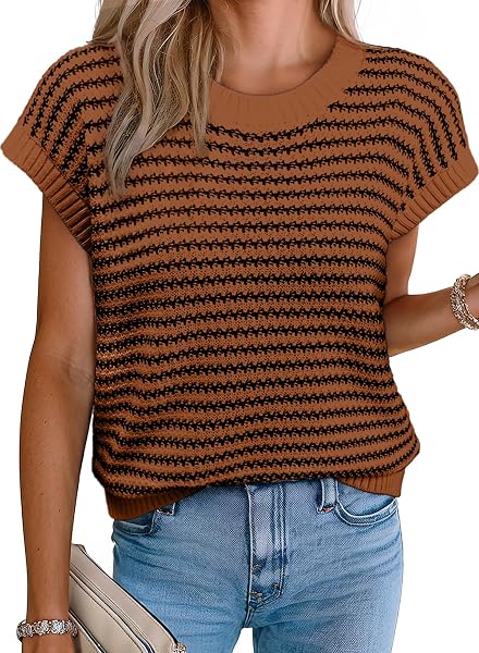 EVALESS Women's Striped Cap Sleeve Sweater Vest Round Neck Tank Top