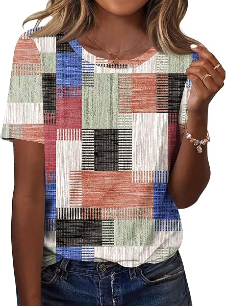 TCOT Women's Tops Summer Short Sleeve Crew Neck Shirts Casual Blouses S-3XL