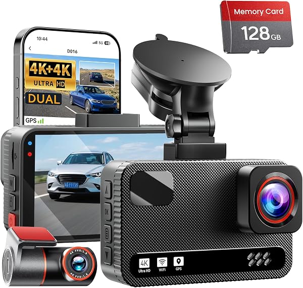 4K+4K Dual Dash Cam Front and Rear, Free 128GB Card, Starlight Night Vision