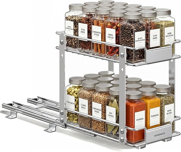 SONGMICS Spice Rack Organizer for Cabinet, Pull Out 2 Tier Thick Steel