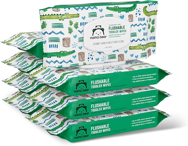 Amazon Brand - Mama Bear Flushable Toddler Toilet Wipes, Unscented, Formulated without Fragrance, Hypoallergenic, Septic Safe, 336 Count, 8 Packs of 43