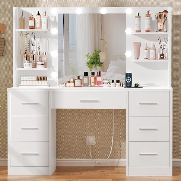 Quimoo Large Vanity Desk with LED Lighted Mirror & Power Outlet,Makeup Vanity…