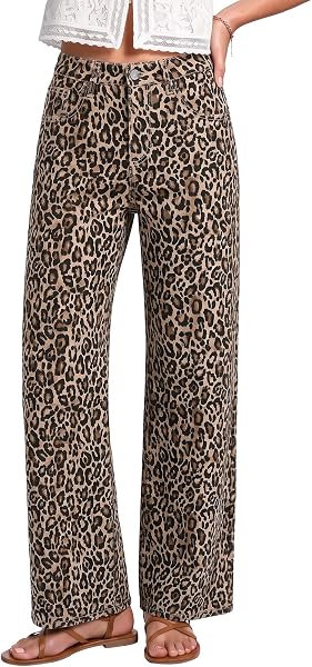 Luvamia Wide Leg Jeans for Women High Waisted Leopard Cheetah Denim Pants