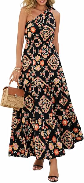 PRETTYGARDEN Women's One Shoulder Boho Floral Maxi Dress