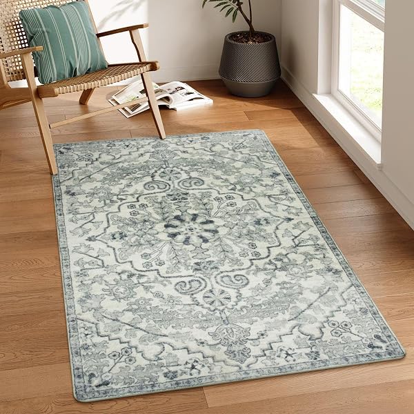 Lahome Reine Bohemian Floral Medallion Area Rug - 3x5 Beige Washable Entryway…