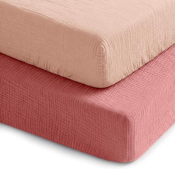 Comfy Cubs 100% Muslin Crib Fitted Sheet 2 Pack, Dusty Rose and Blush - 100%…