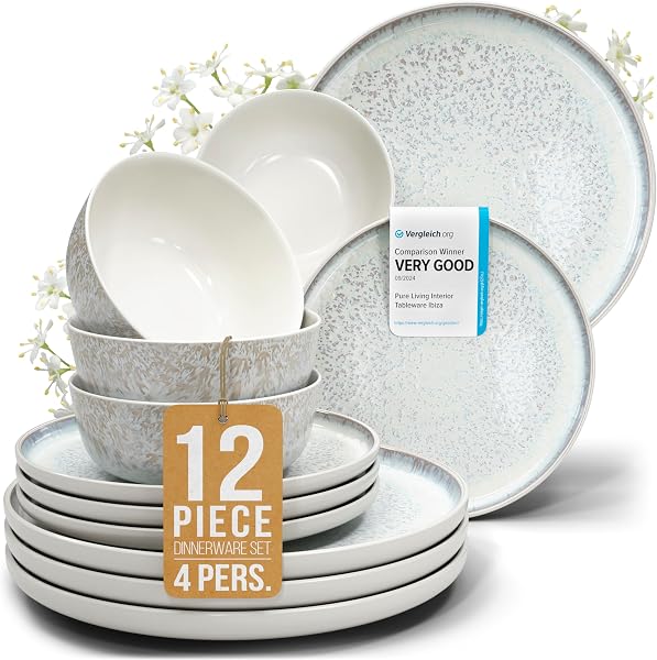 12 Piece Stoneware Dinnerware Set for 4, Handcrafted Plates and Bowls Set