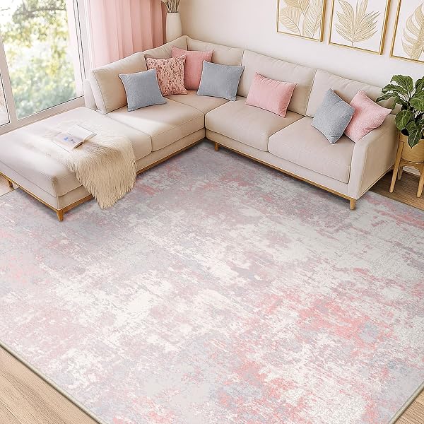 RELEANY Washable 9'x12' Abstract Area Rug for Living Room Gray Pink