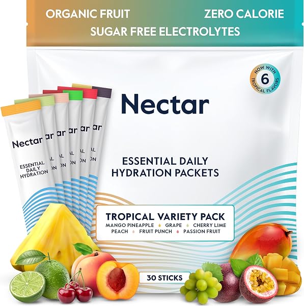 Nectar Hydration Packets - Electrolytes Powder Packets - Sugar Free & 0 Calorie - Organic Fruit Liquid Daily IV Electrolytes Powder for Dehydration Relief & Rehydration (Tropical Variety 30 Pack)