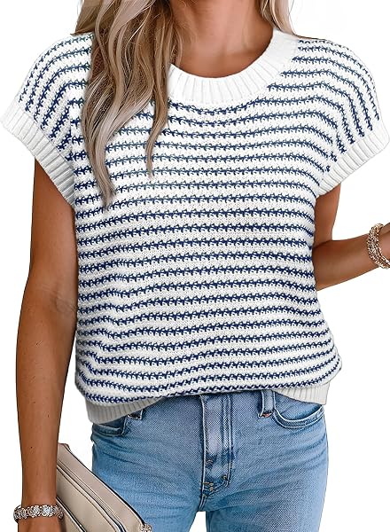 EVALESS Women's Striped Cap Sleeve Sweater Vest Round Neck Tank Top