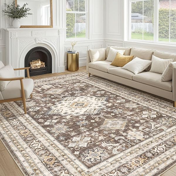 Cotiled 8x10 Area Rug for Living Room, Washable, Traditional, Dark Brown