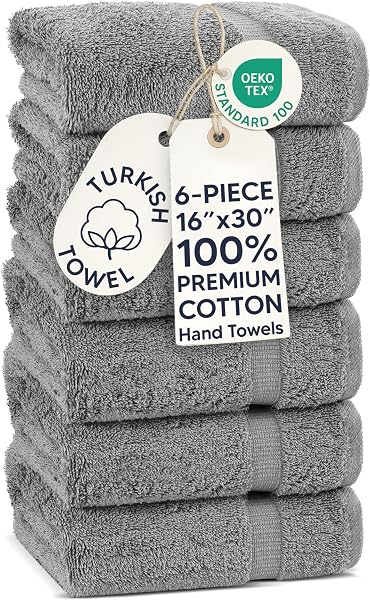 Chakir Turkish Linens 100% Cotton 6-Pack Hand Towels 16x30, Gray