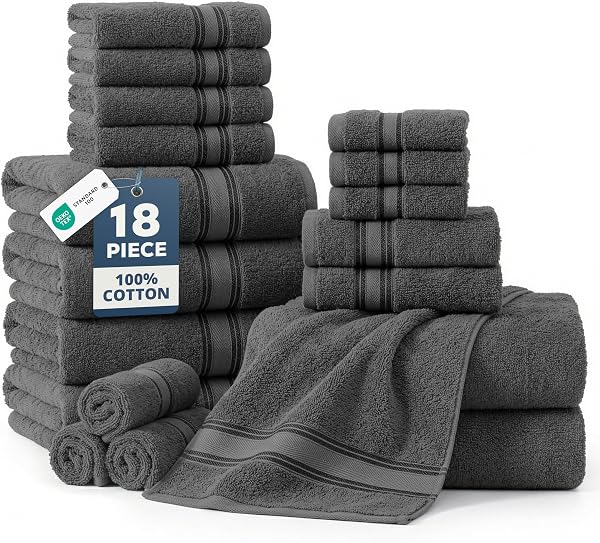 LANE LINEN Bath Towel Set 100% Cotton 18 Piece Soft Absorbent - Grey