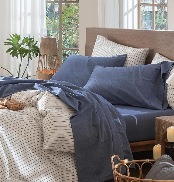 MooMee Sheet Set 100% Washed Cotton Linen-Like Extra Deep Pocket Twin