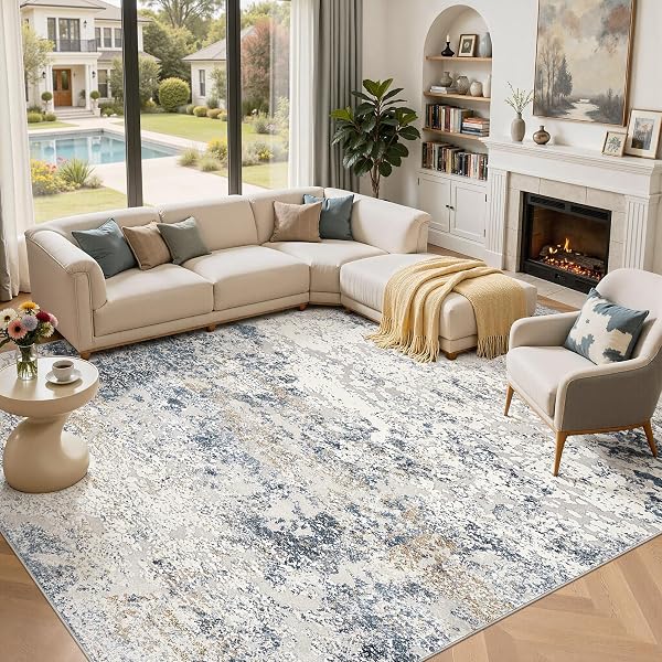 DMOYEST Area Rug Living Room Rugs 10x14 Washable Abstract Beige Blue Carpet