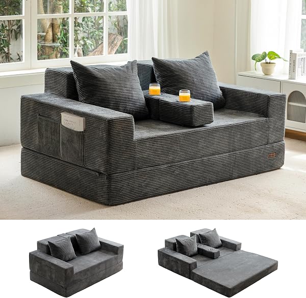 MAXYOYO Sofa Bed, 64-Inch Boneless Loveseat with 2 Cup Holders