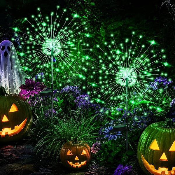 GIGALUMI 2 Pack Solar Firework Lights Outdoor, Halloween Decor, Green
