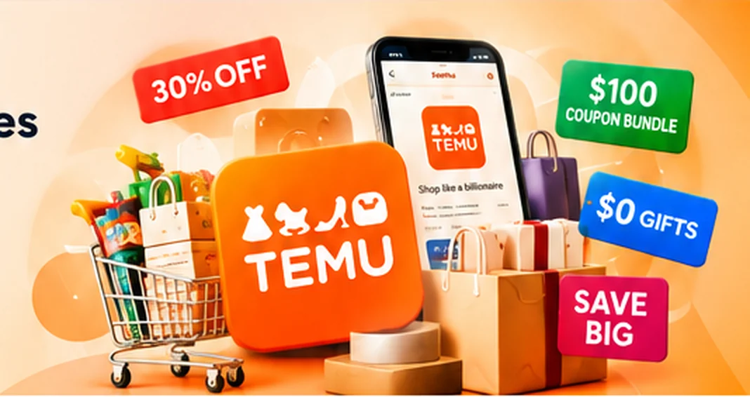 Temu coupons, discount offers, gifts, shopping cart and mobile app promotion